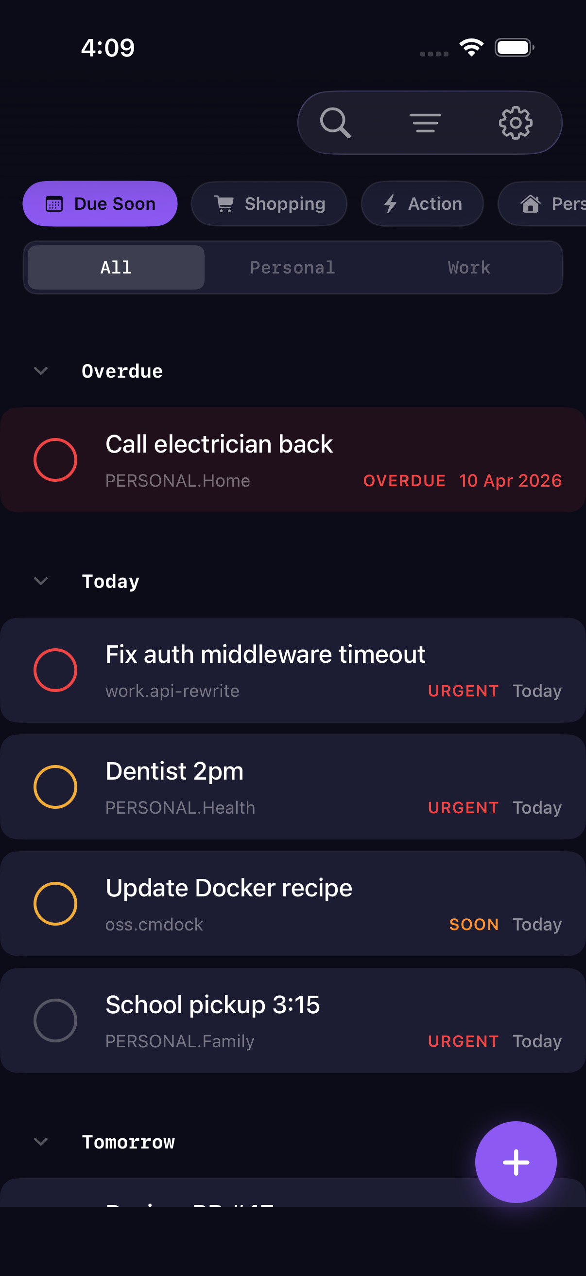 cmdock iOS app showing the same tasks — urgency sorted with URGENT and SOON badges