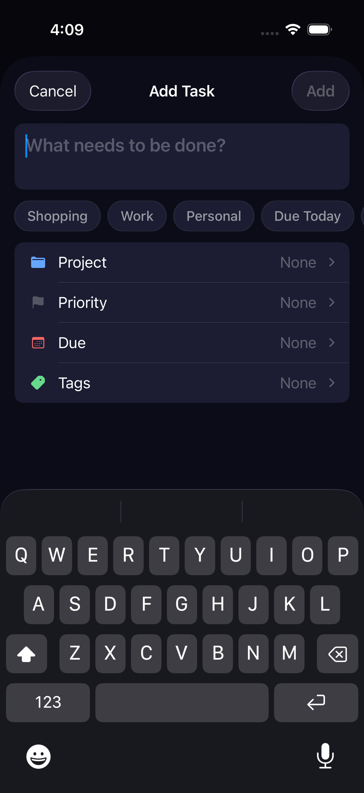 cmdock iOS app — add task with project, priority, due date presets