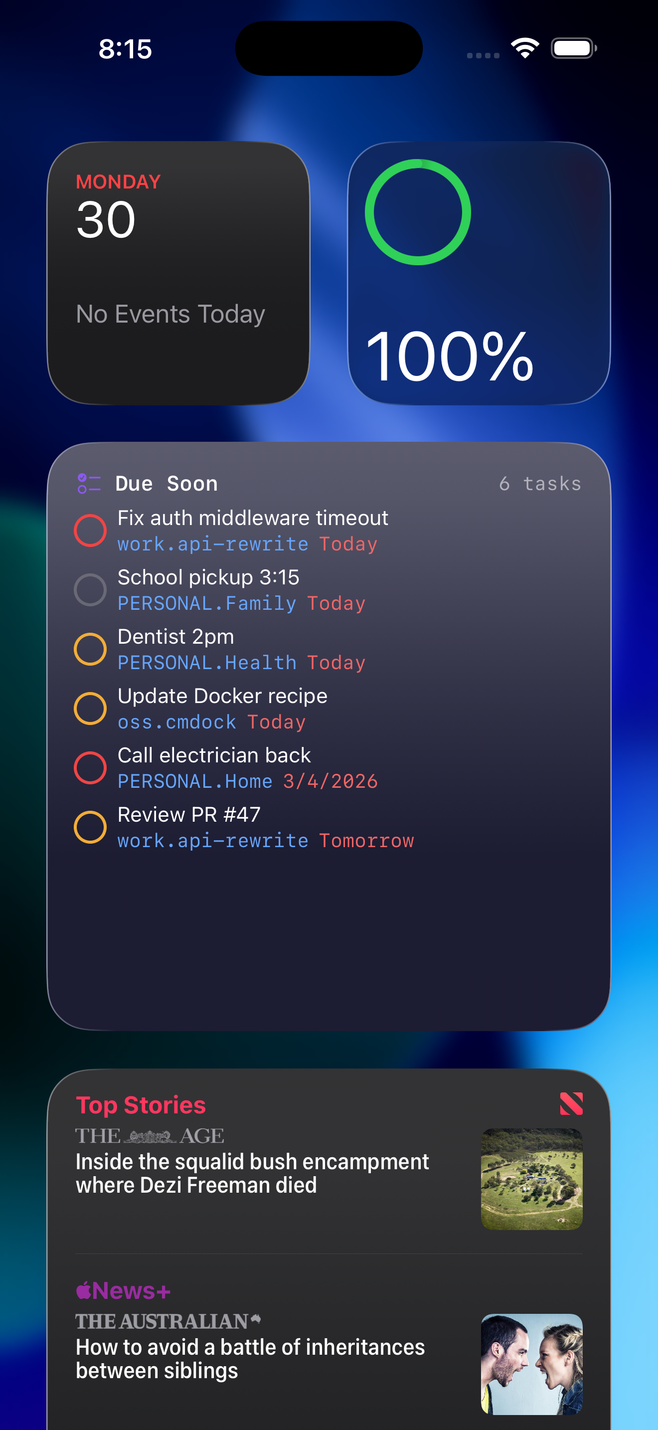 cmdock widget on iPhone home screen showing due tasks
