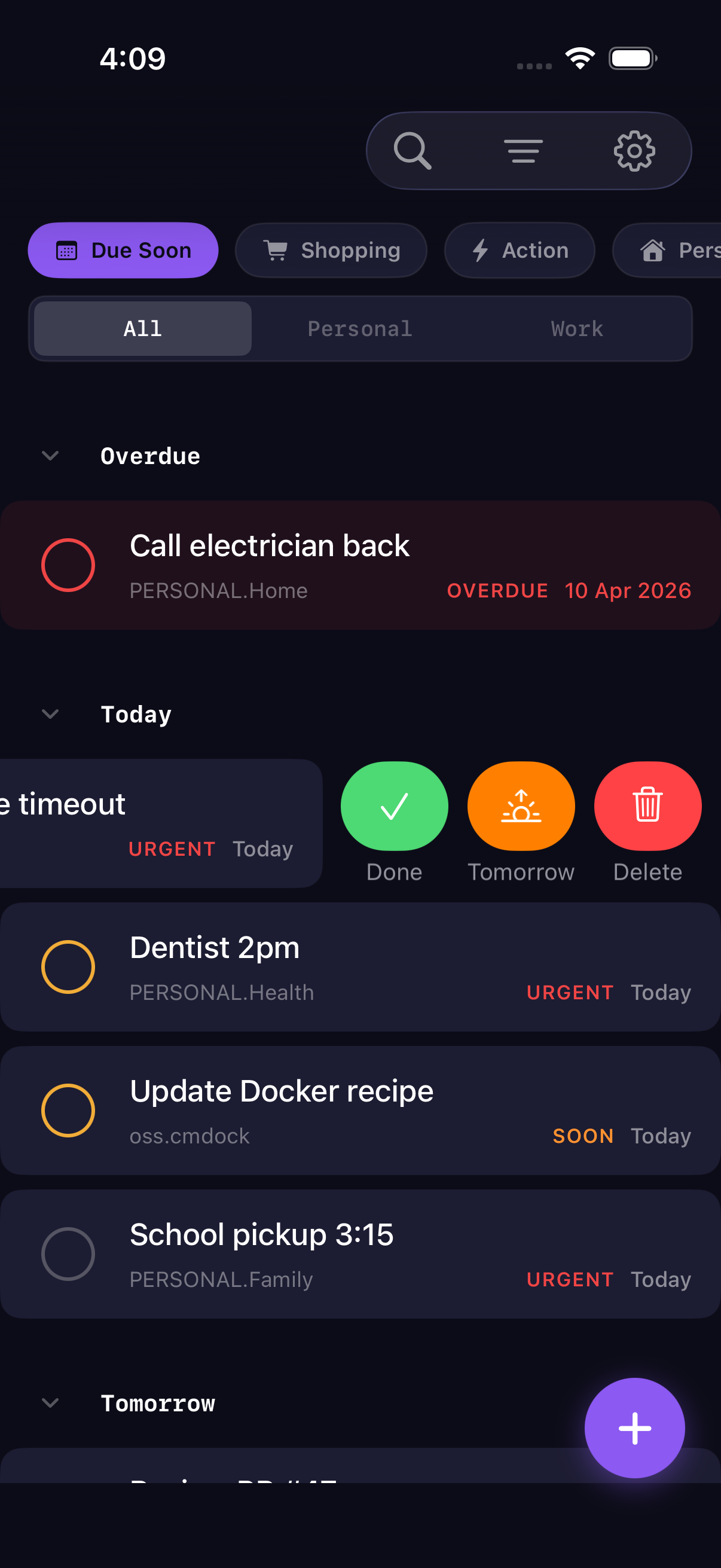 cmdock iOS app — swipe to complete a task